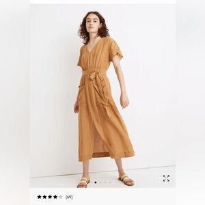Madewell Linen-Blend dolman-sleeve tie-waist midi dress. Size 0. Golden tan.